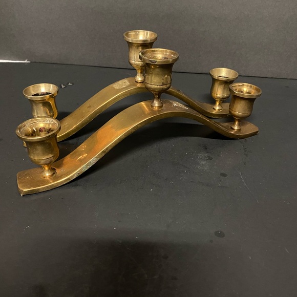 Vintage Brass 3 Candle  Curved Holders - Picture 1 of 9